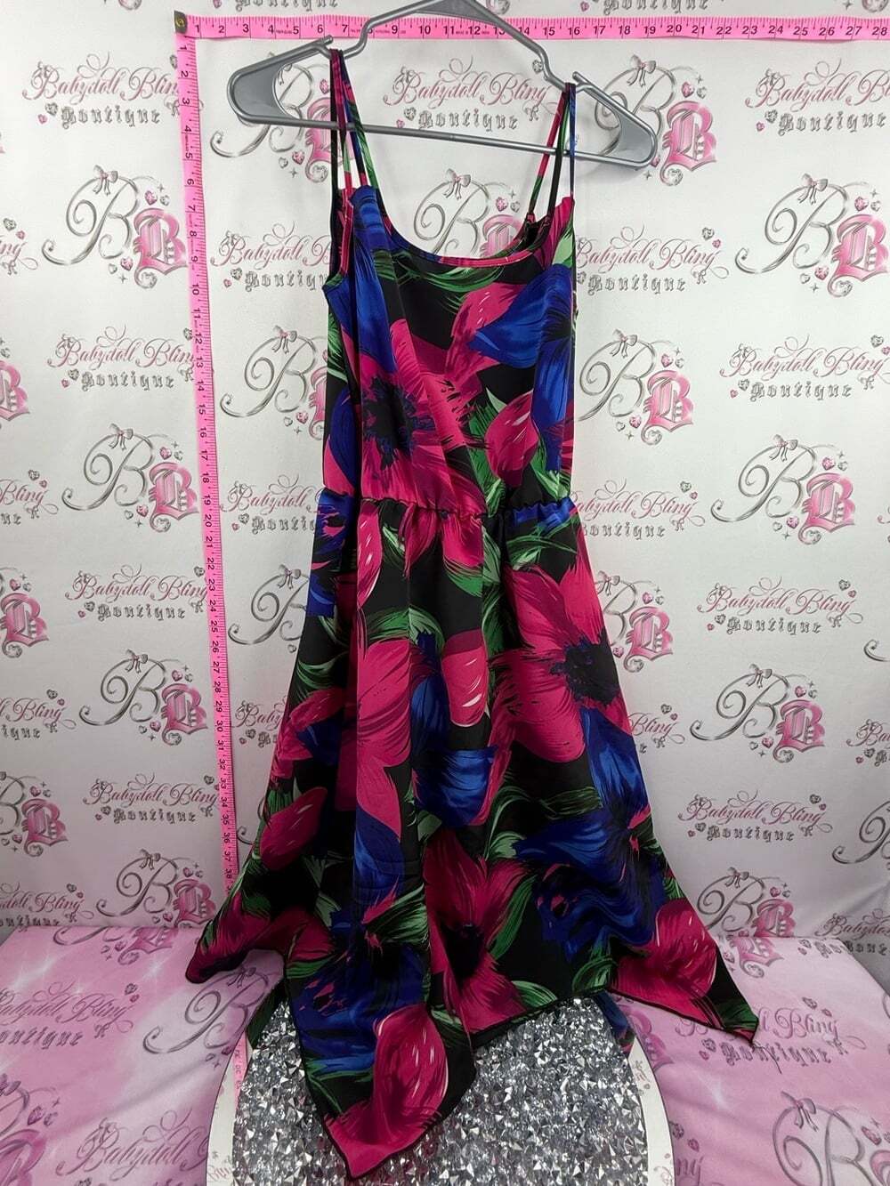 Jolie dress fairy hem Black Mini Dress with Pink & Blue Floral Print